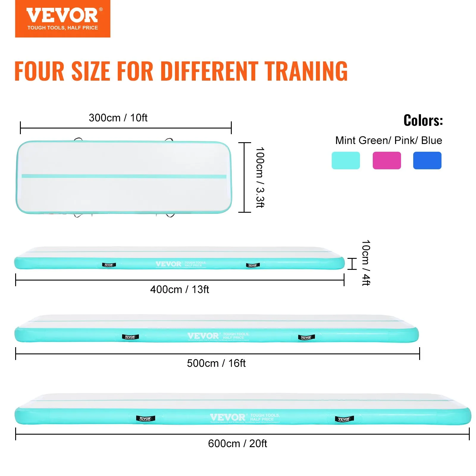 (FINAL PRICES ARE LOWER ON OUR SITE!) VEVOR Gymnastics Air Mat, 4 inch Thickness Inflatable Gymnastics Tumbling Mat, Tumble Track with Electric Pump, Training Mats for Home Use/Gym/Yoga/Cheerleading/Beach/Park/Water, 20 ft, Mint Green