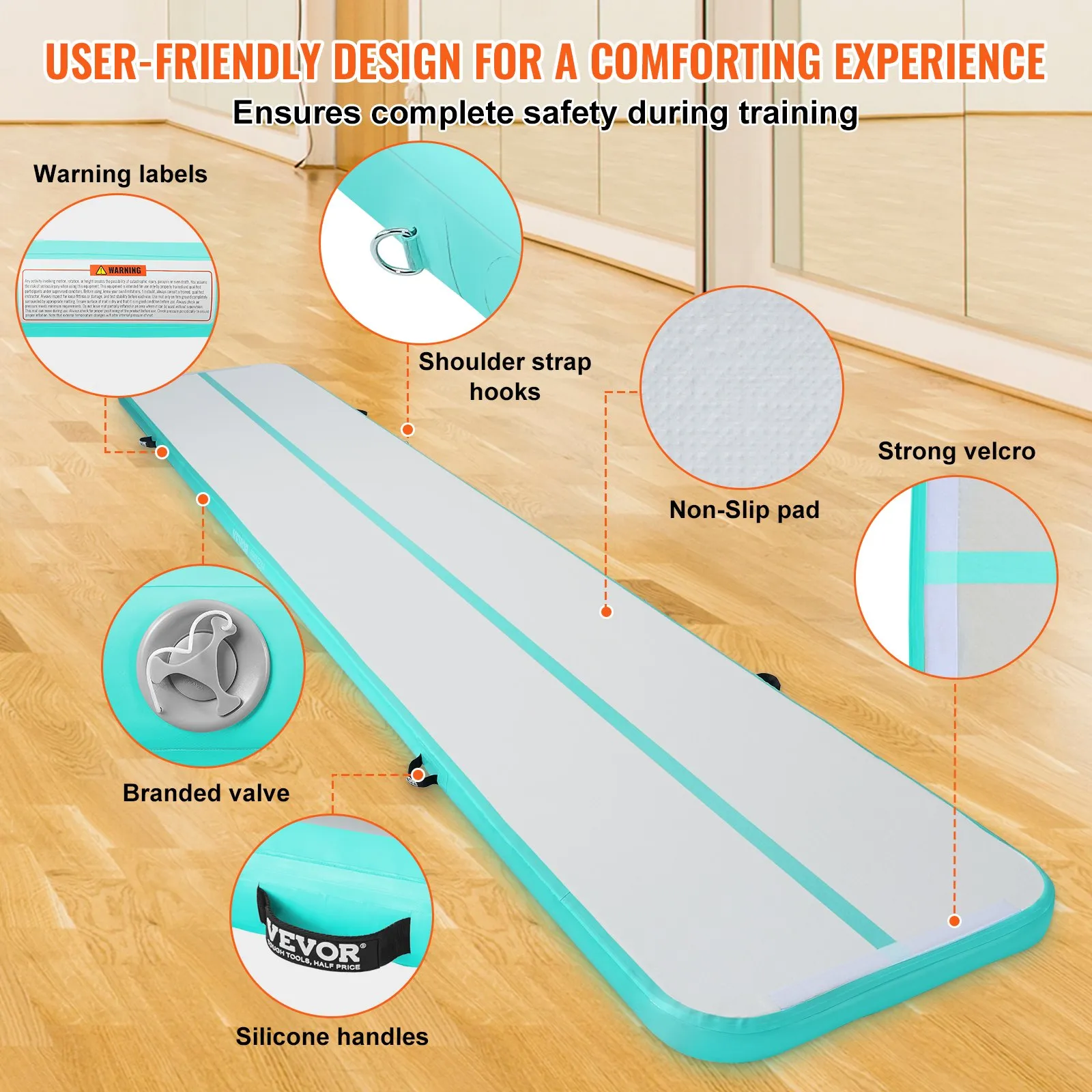 (FINAL PRICES ARE LOWER ON OUR SITE!) VEVOR Gymnastics Air Mat, 4 inch Thickness Inflatable Gymnastics Tumbling Mat, Tumble Track with Electric Pump, Training Mats for Home Use/Gym/Yoga/Cheerleading/Beach/Park/Water, 20 ft, Mint Green