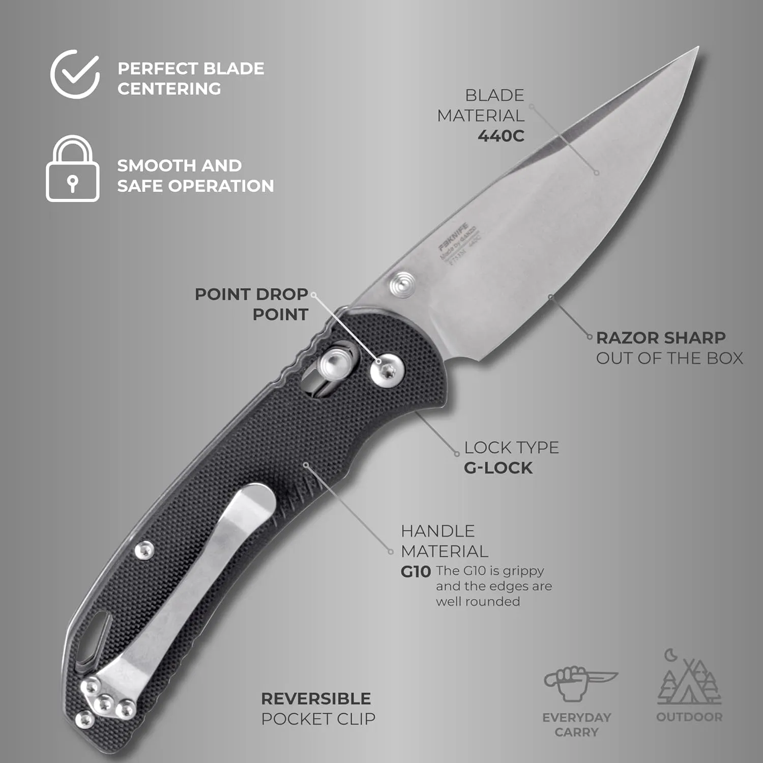 Firebird GANZO F753M1 Pocket Folding Knife G-10 Anti-Slip Handle with Clip 440C Stainless Steel Blade Camping Fishing Outdoor Folder EDC Knife (Black)