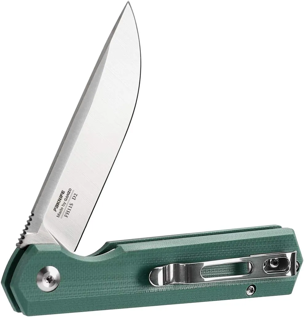 Firebird GANZO FH11S-GB Pocket Folding Knife D2 Steel Blade G10 Anti-Slip Handle with Clip Hunting Fishing Camping Gear Outdoor Folder EDC Pocket Knife (Green)