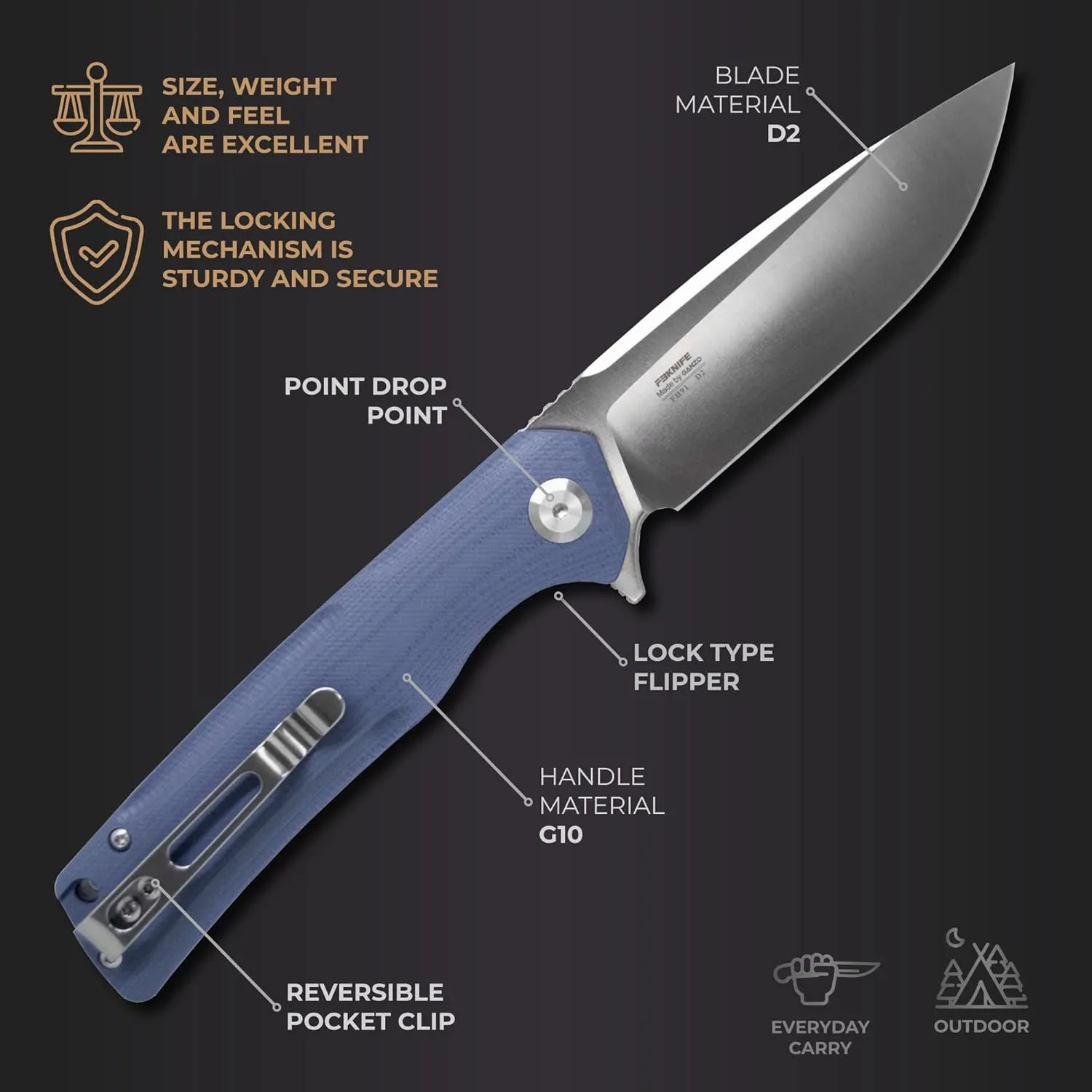 Firebird GANZO FH91-GY Ball Bearing Pocket Folding Knife D2 Steel Blade Ergonomic G10 Anti-Slip Handle with Clip Camping Fishing Hunting Outdoor Flipper EDC Pocket Knife (Gray)