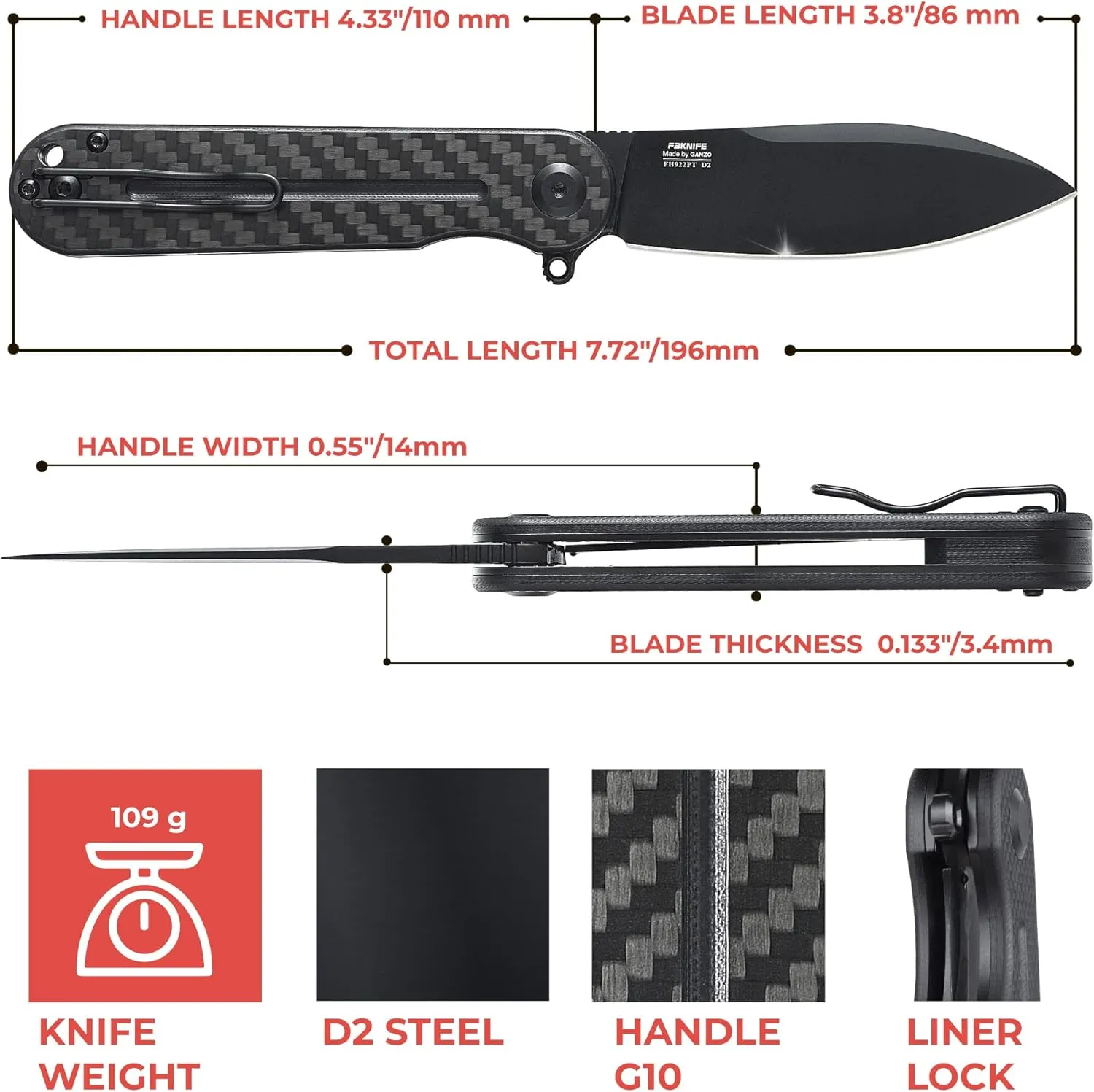 Firebird Ganzo FH922PT-CF Ball Bearing Pocket Folding Knife D2 Stainless Steel Black Blade G10 Anti-Slip Handle with Clip Outdoor Hunting Fishing Hiking Utility Knife Best Gift for Men (Carbon Fiber)