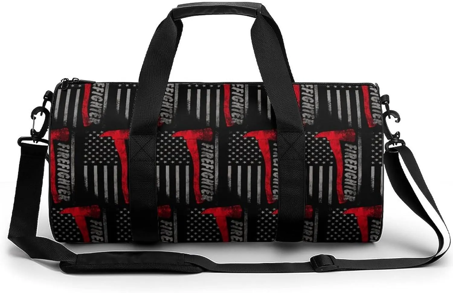 Firefighter Axe Red Line American Flag Large Capacity Cylindrical Fitness Bag, Hand-held Fitness Bag
