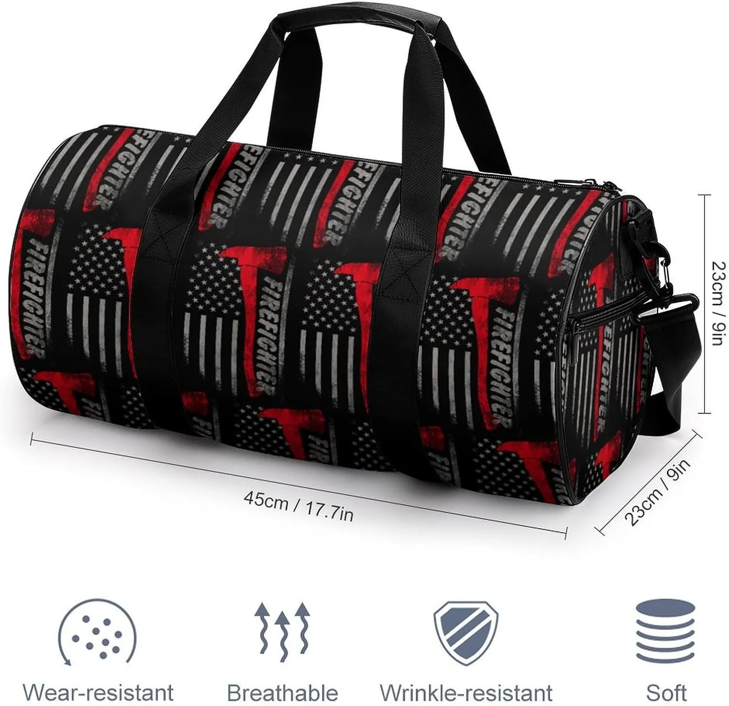Firefighter Axe Red Line American Flag Large Capacity Cylindrical Fitness Bag, Hand-held Fitness Bag