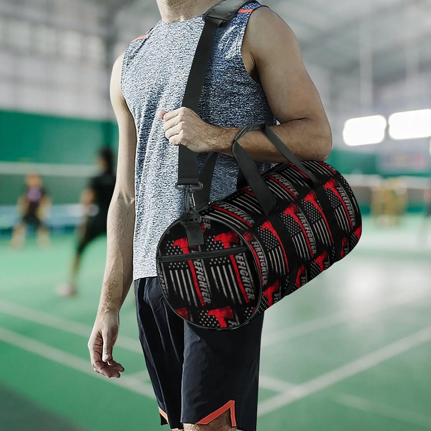 Firefighter Axe Red Line American Flag Large Capacity Cylindrical Fitness Bag, Hand-held Fitness Bag