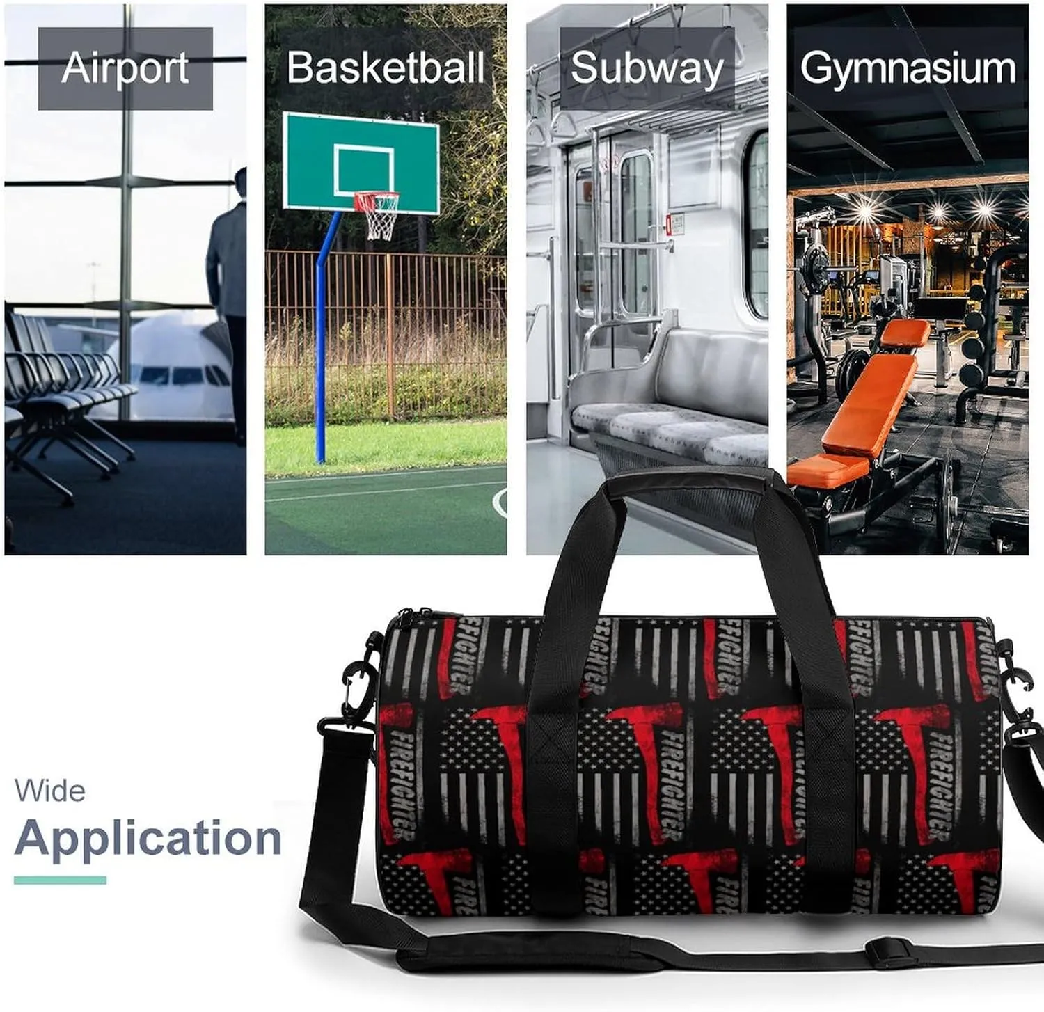 Firefighter Axe Red Line American Flag Large Capacity Cylindrical Fitness Bag, Hand-held Fitness Bag