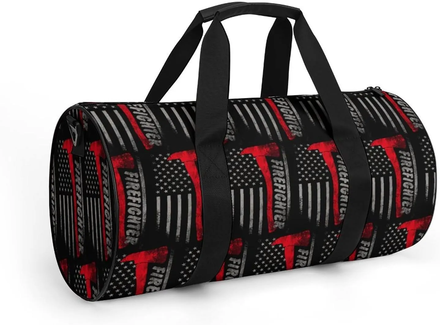 Firefighter Axe Red Line American Flag Large Capacity Cylindrical Fitness Bag, Hand-held Fitness Bag
