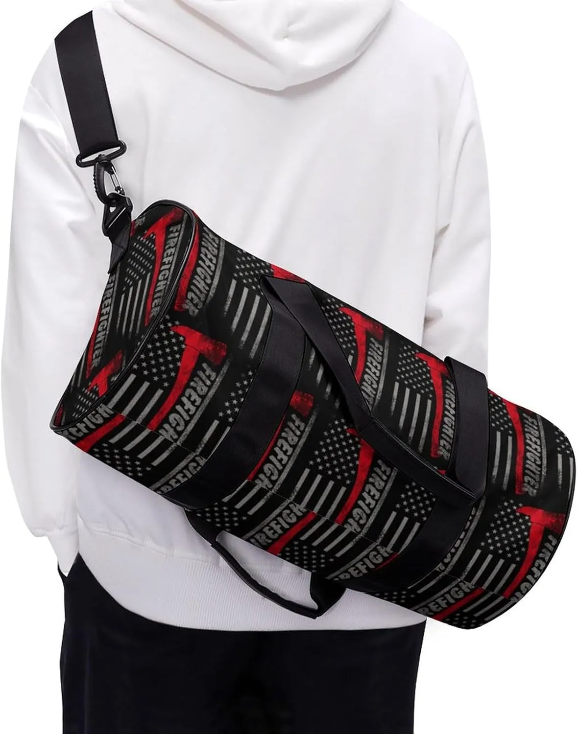 Firefighter Axe Red Line American Flag Large Capacity Cylindrical Fitness Bag, Hand-held Fitness Bag