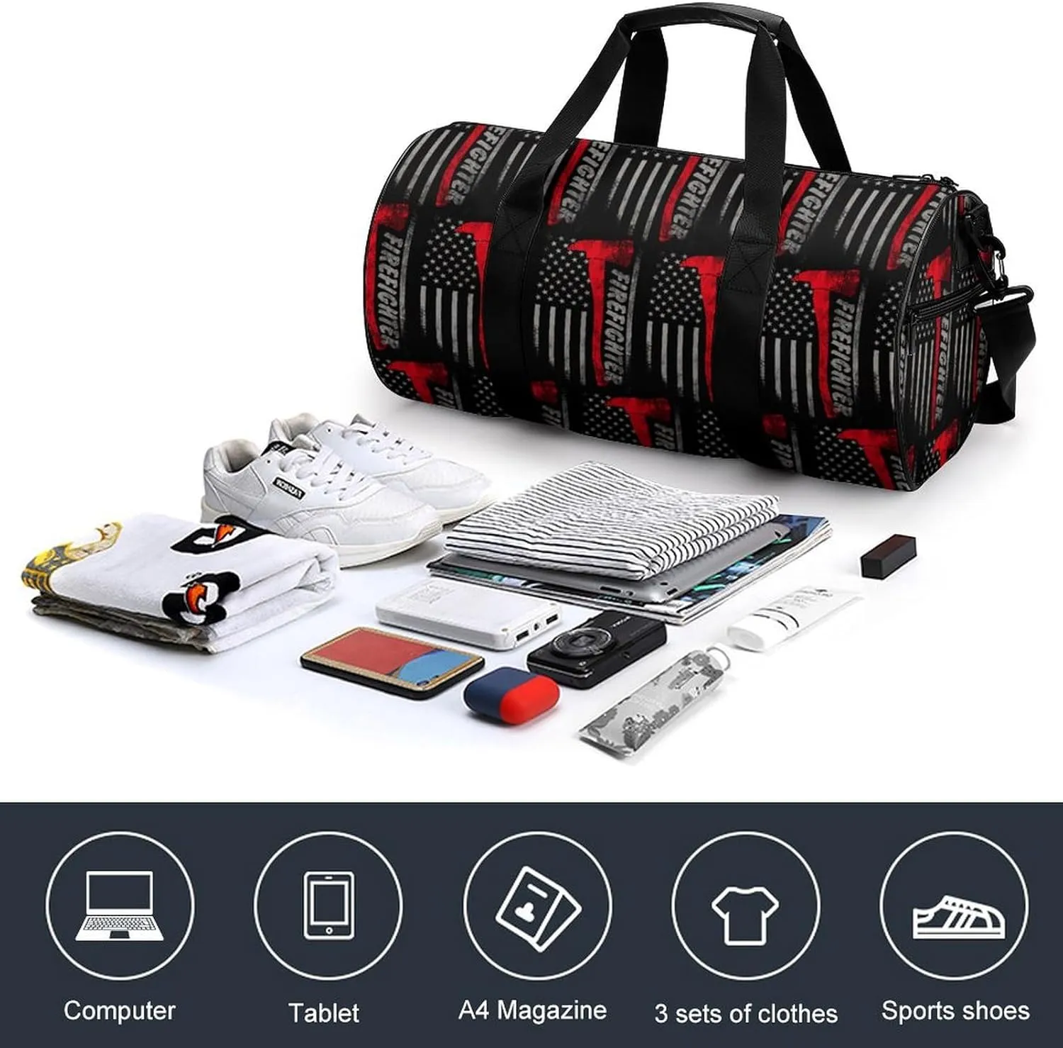 Firefighter Axe Red Line American Flag Large Capacity Cylindrical Fitness Bag, Hand-held Fitness Bag