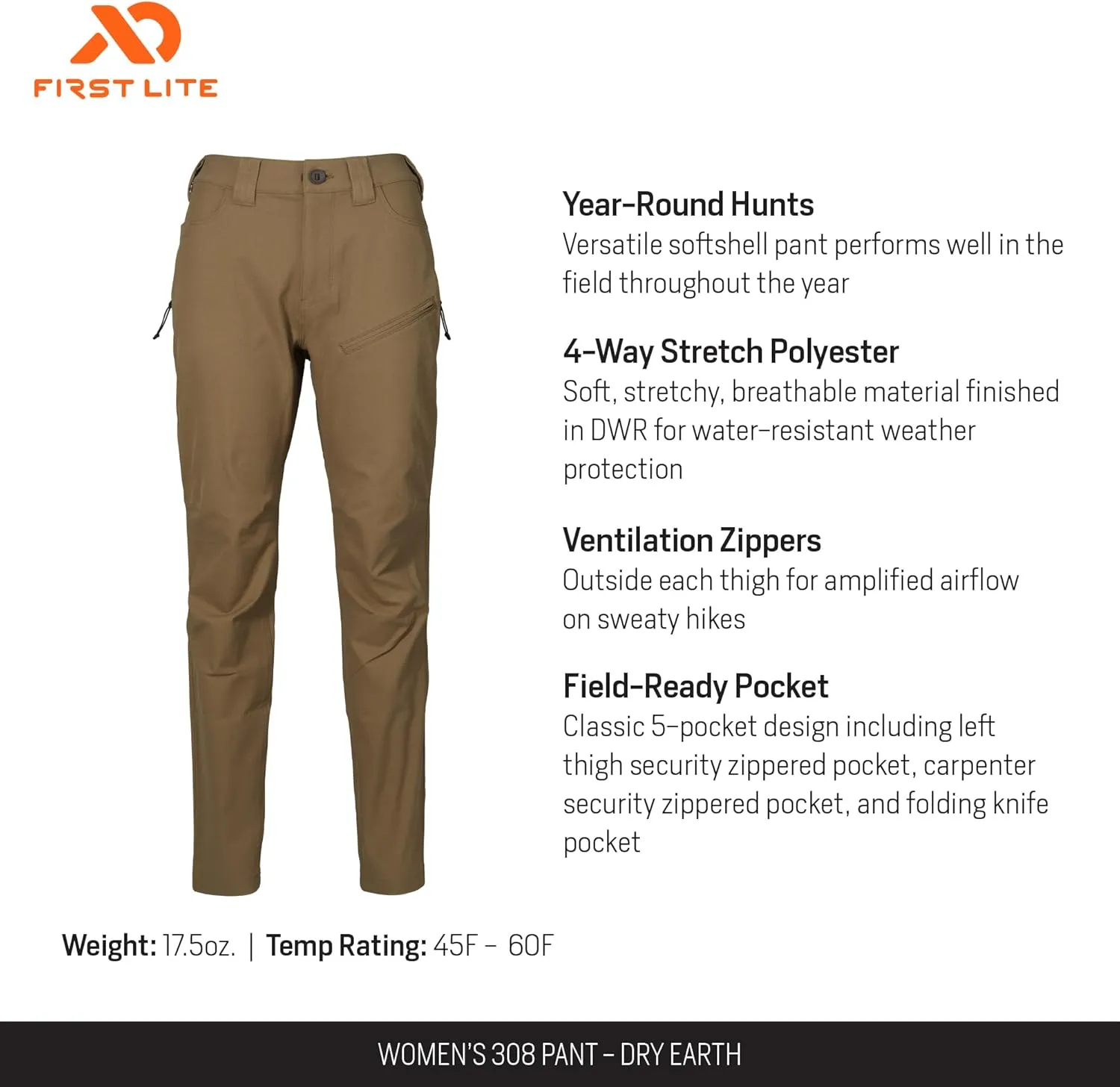 First Lite Women's 308 Pant - Stretch Camo Hunting Pants with Hip Vents