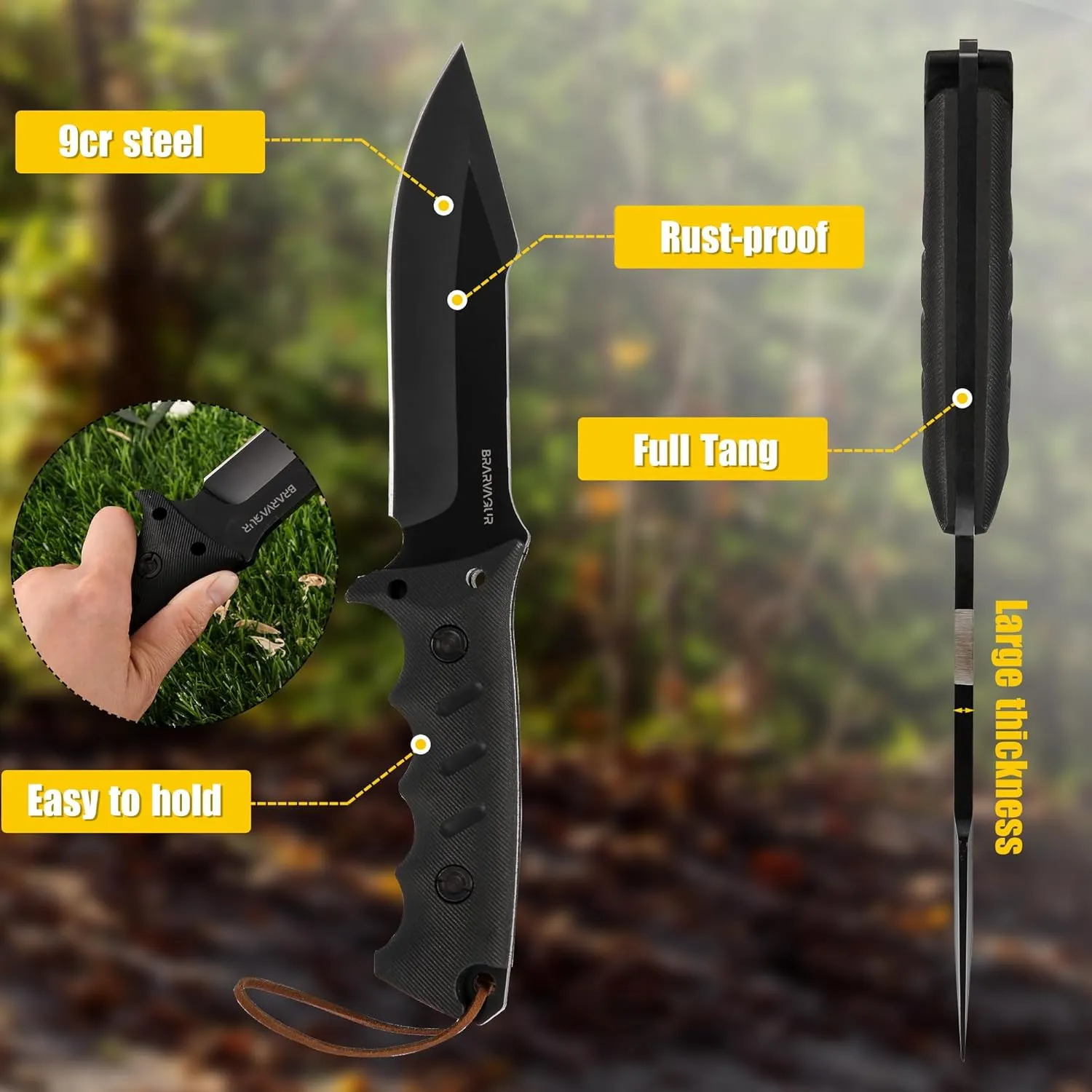 Fixed Blade Knife Full Tang with Kydex Sheath - Heavy Duty Outdoor Tactical Hunting Bushcraft Knives for Camping Adjustable Belt Clip (Heavygrip 4F)