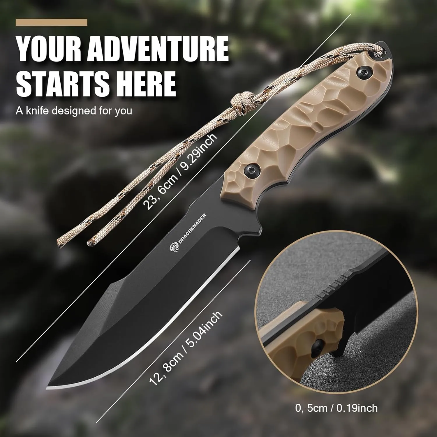 Fixed Blade Knife with Sheath, 5.04" Blade in 5cr14mov Steel, Tactical for Men, Survival Knife with ABS Handle,Full Tang Design Khaki-Black