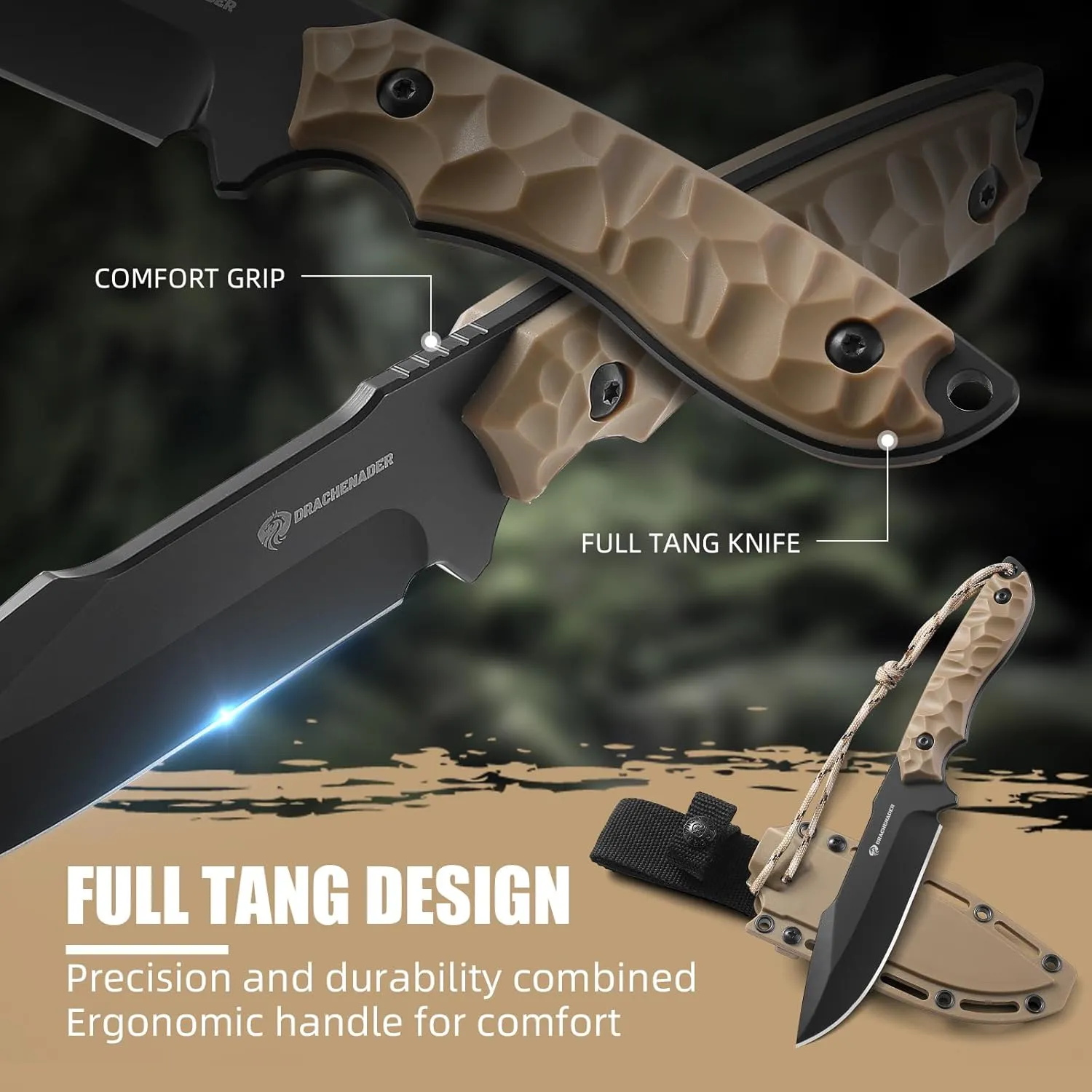 Fixed Blade Knife with Sheath, 5.04" Blade in 5cr14mov Steel, Tactical for Men, Survival Knife with ABS Handle,Full Tang Design Khaki-Black