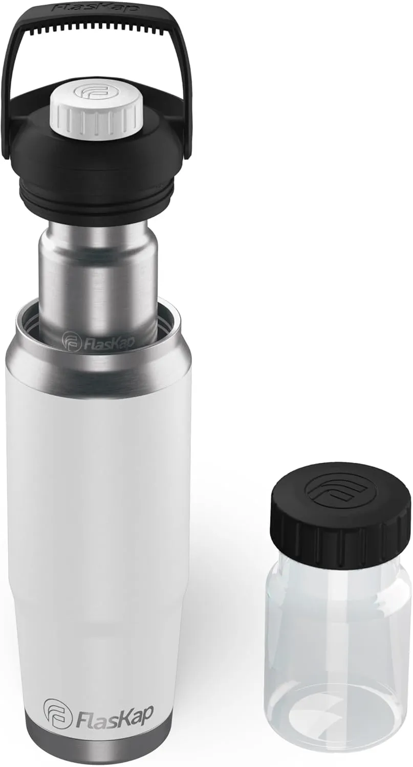 Flaskap FreePour Starter System: 6oz Tumbler Attachment and 26oz Cup Holder Friendly Bottle, Removable Stainless, and Plastic Well