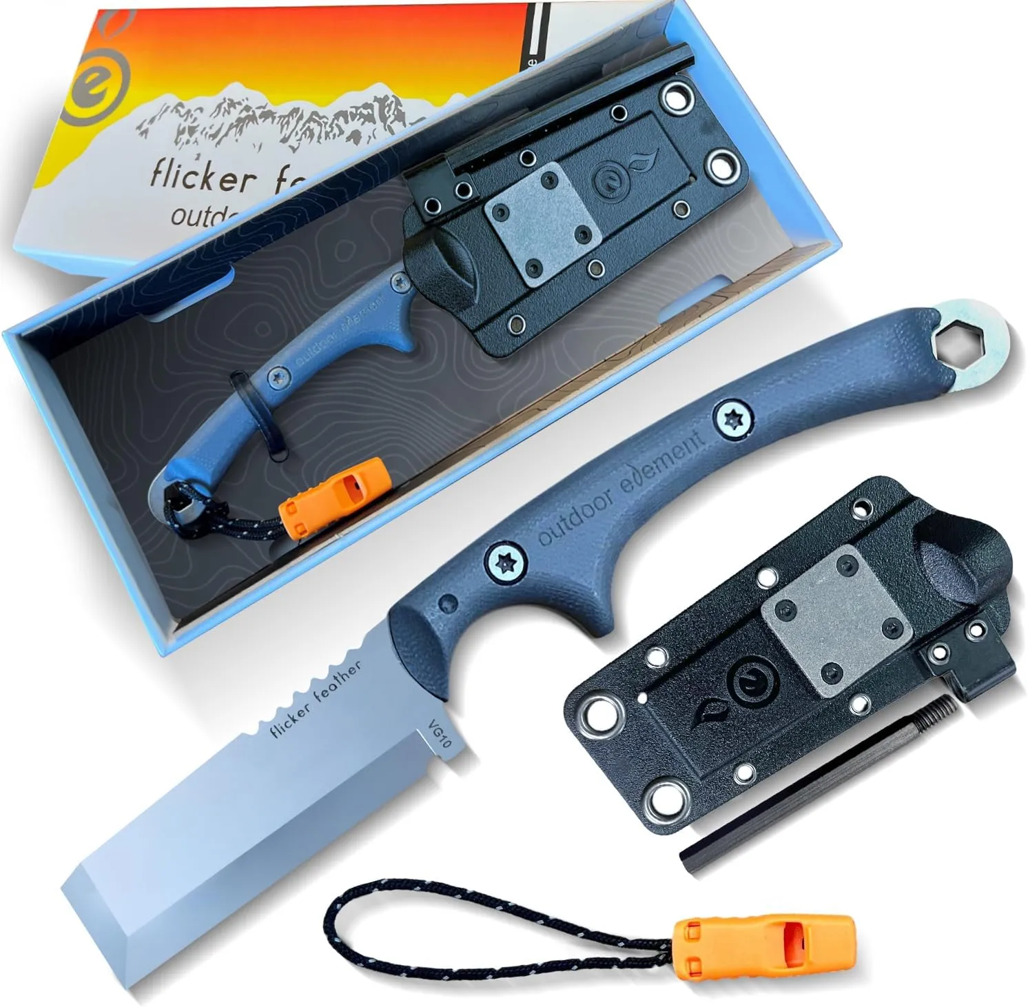 Flicker Feather Knife - Right-Handed Survival EDC Chisel Blade for Camping, Hunting, Culinary Knives, and Bushcraft - Fixed Blade with Sheath, Firestarter, and Emergency Whistle