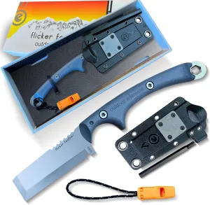 Flicker Feather Knife - Right-Handed Survival EDC Chisel Blade for Camping, Hunting, Culinary Knives, and Bushcraft - Fixed Blade with Sheath, Firestarter, and Emergency Whistle