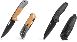FLISSA Folding Pocket Knife Set, SANDVIK 14C28N Steel Blade Knife with Olive Wood-Steel Handle, Shredded Carbon Fiber Aluminium Combined Handle for EDC Camping Hiking Outdoor