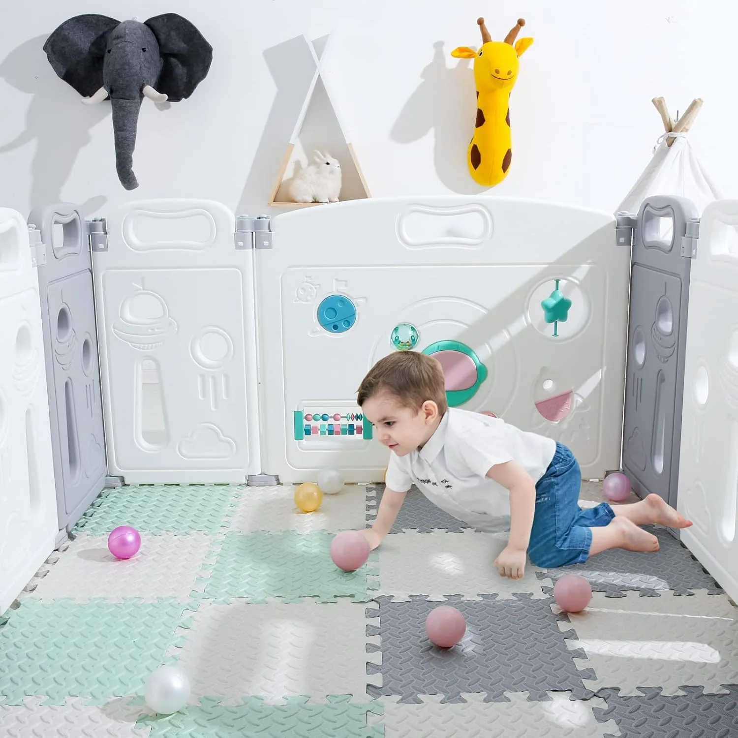 Foam Floor Mats for Kids, 12 x 12 Inch 16 Tiles 0.4" Thickness Foam Play Mat, Non-Toxic Square Interlocking Floor Mats Rubber Baby Play Mat for Toddlers(White/Gray/Bean Green)