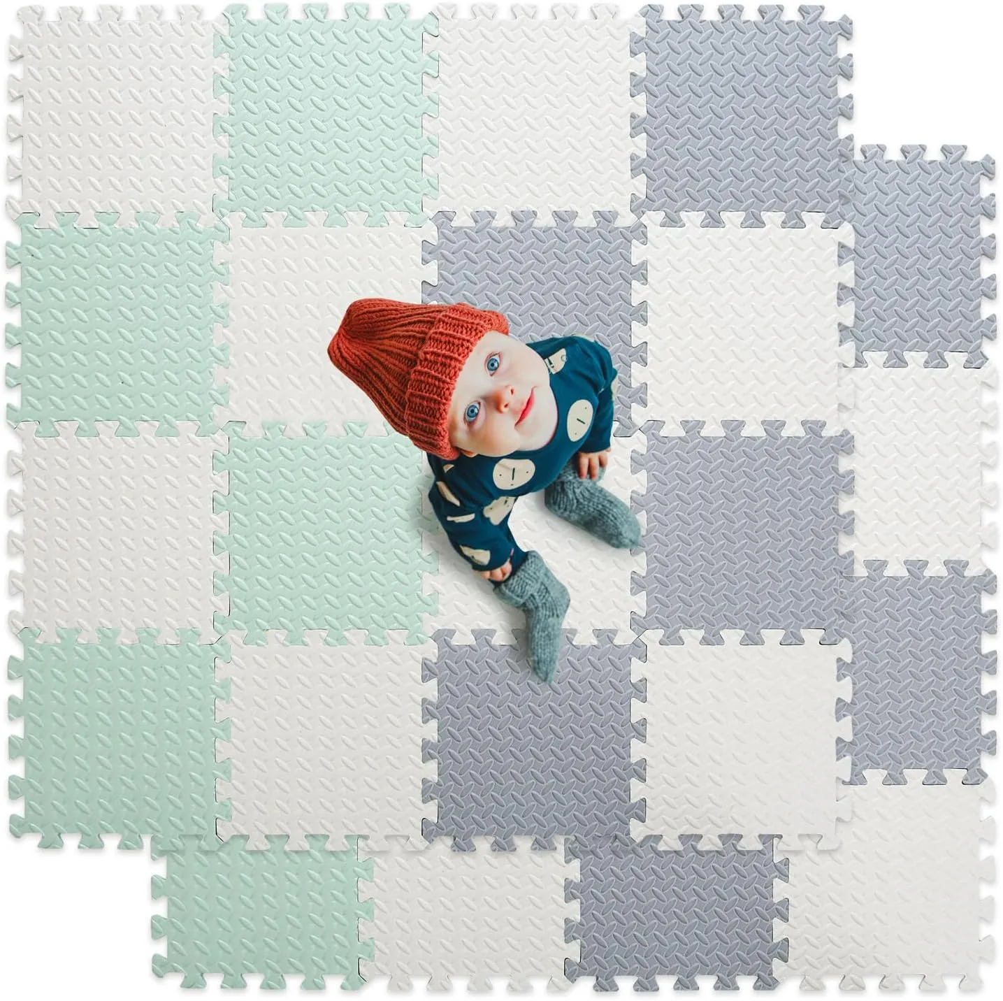 Foam Floor Mats for Kids, 12 x 12 Inch 16 Tiles 0.4" Thickness Foam Play Mat, Non-Toxic Square Interlocking Floor Mats Rubber Baby Play Mat for Toddlers(White/Gray/Bean Green)