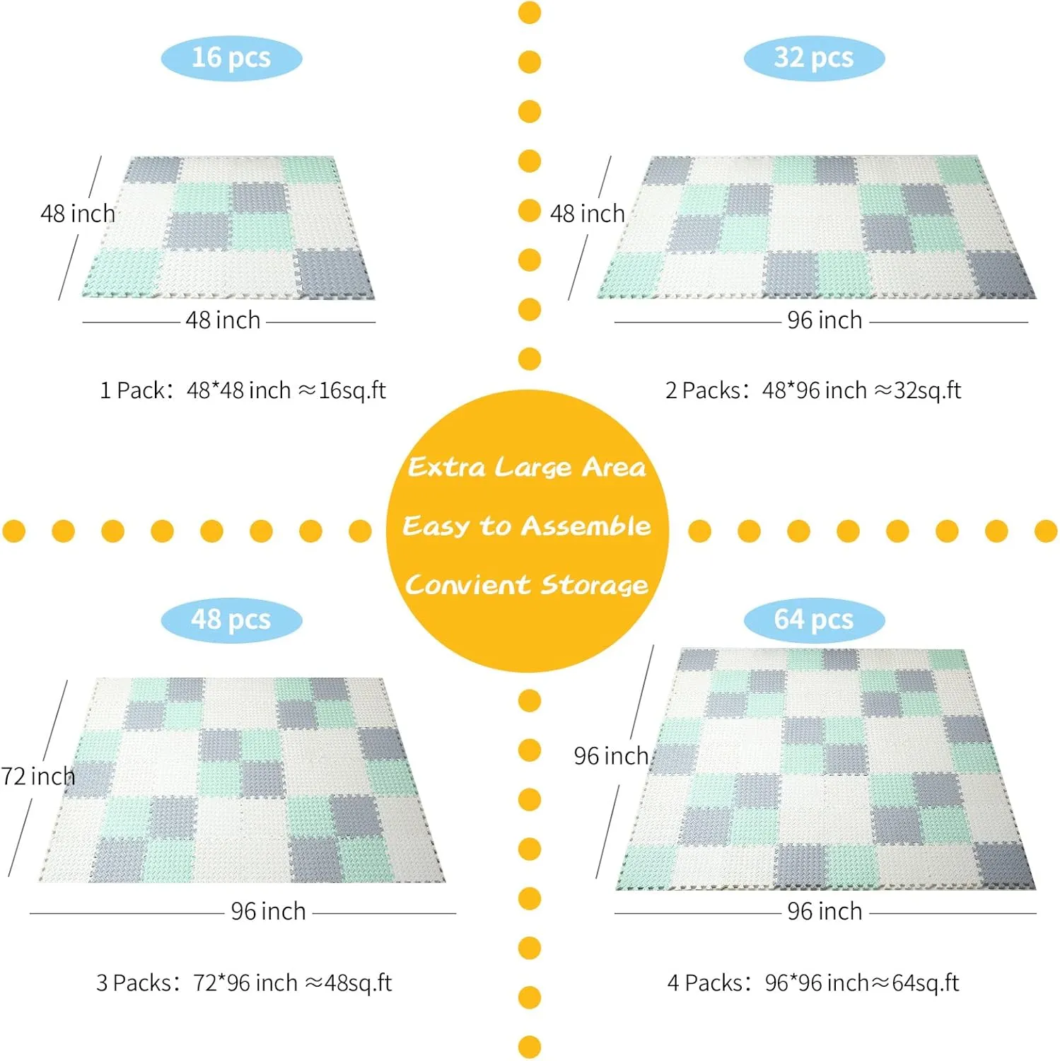 Foam Floor Mats for Kids, 12 x 12 Inch 16 Tiles 0.4" Thickness Foam Play Mat, Non-Toxic Square Interlocking Floor Mats Rubber Baby Play Mat for Toddlers(White/Gray/Bean Green)