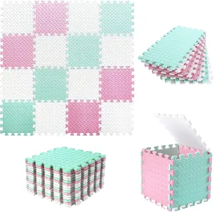Foam Play Mat for Baby, 0.4 Inch Thicked Interlocking Floor Mats with Solid Colors, Squares Non-Toxic Baby Play Mat, EVA Foam Puzzle Floor Mats for Toddlers, 16 Tiles(White/Pink/Bean Green)
