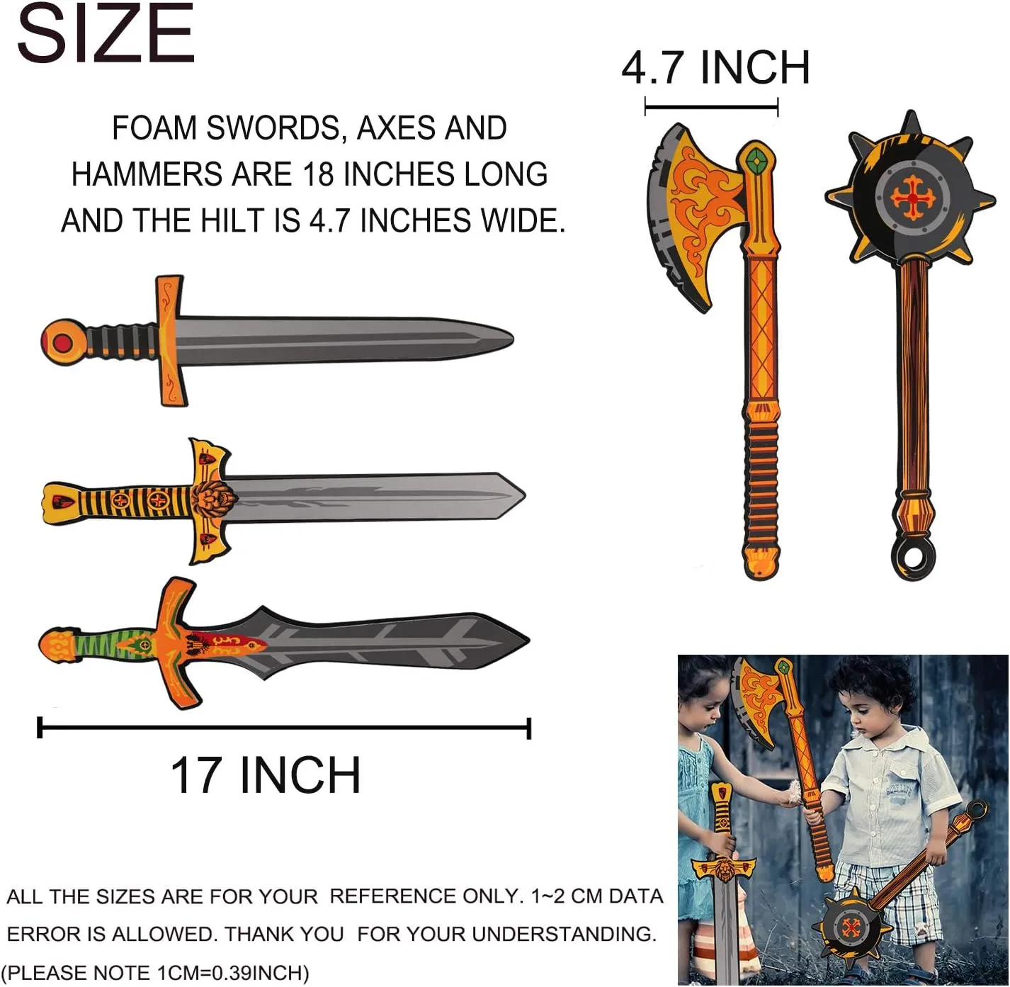 Foam Swords Weapons Toy for Boys - 17 inch Foam Sword Axe and Hammer Pack - Kids Pretend Playset