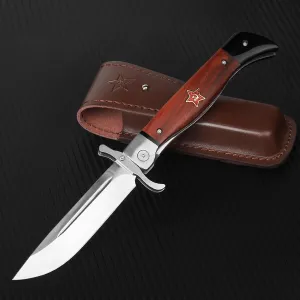 Folding Knife with Snap Fastener Holder Pocket, 4.4in Stainless Steel Rosewood Handle with Leather Sheath, Hand-Blocking Design, father's day pocket knife