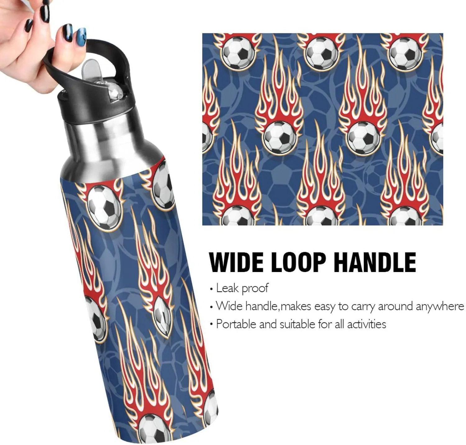 Football Soccer Balls Water Bottle with Straw Lid Double Wall Hot Flames Thermos Bottle Vacuum Insulated Flask Stainless Steel Water Bottle for Gym Outdoor 20 OZ