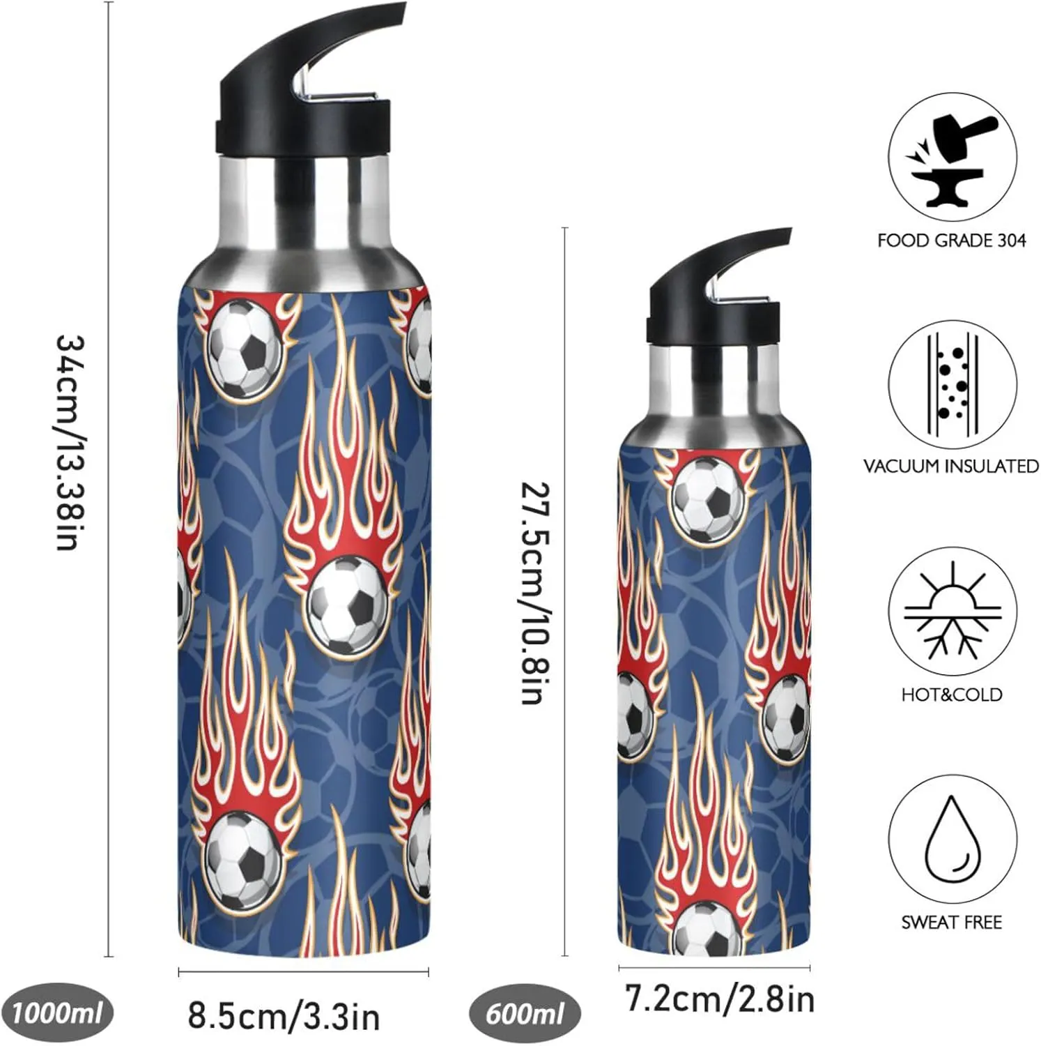 Football Soccer Balls Water Bottle with Straw Lid Double Wall Hot Flames Thermos Bottle Vacuum Insulated Flask Stainless Steel Water Bottle for Gym Outdoor 20 OZ
