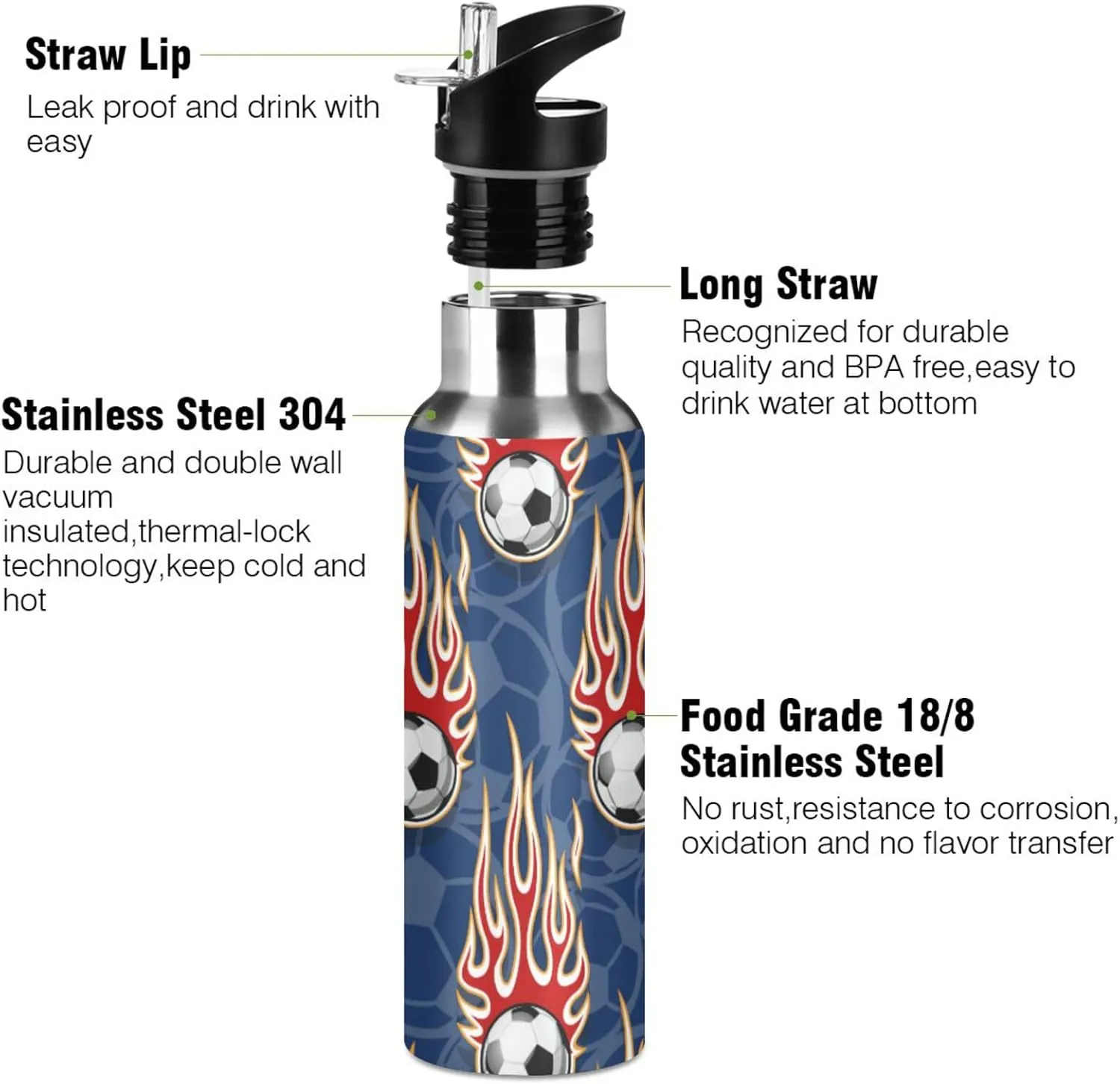 Football Soccer Balls Water Bottle with Straw Lid Double Wall Hot Flames Thermos Bottle Vacuum Insulated Flask Stainless Steel Water Bottle for Gym Outdoor 20 OZ