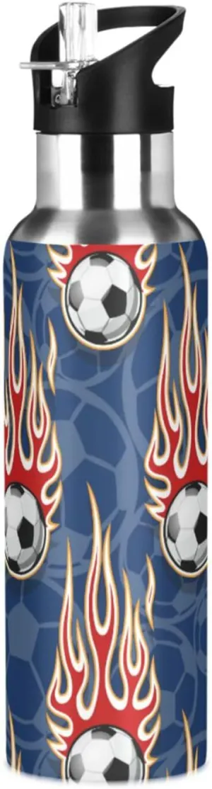 Football Soccer Balls Water Bottle with Straw Lid Double Wall Hot Flames Thermos Bottle Vacuum Insulated Flask Stainless Steel Water Bottle for Gym Outdoor 20 OZ