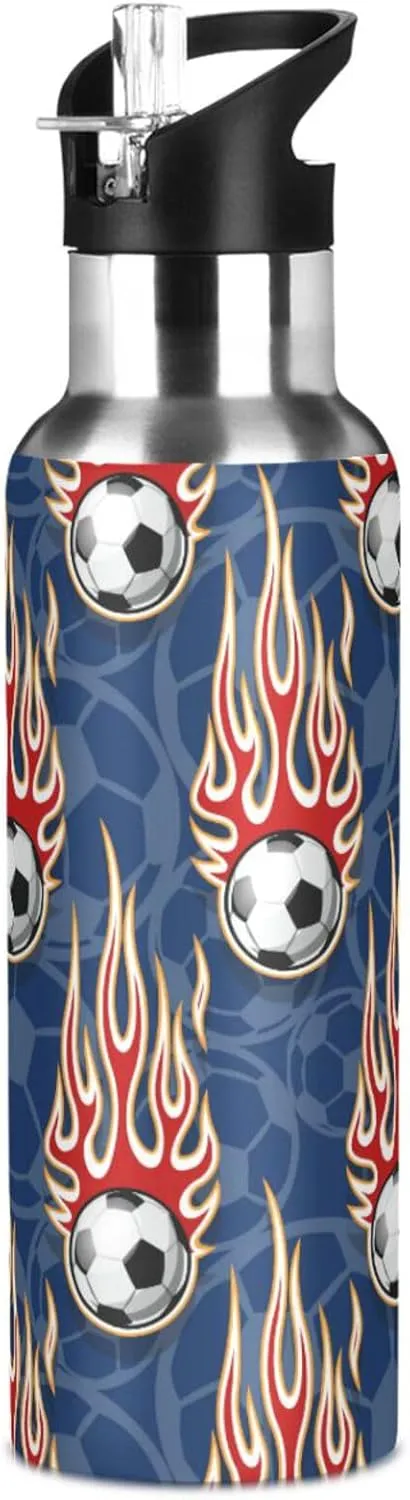 Football Soccer Balls Water Bottle with Straw Lid Double Wall Hot Flames Thermos Bottle Vacuum Insulated Flask Stainless Steel Water Bottle for Gym Outdoor 20 OZ