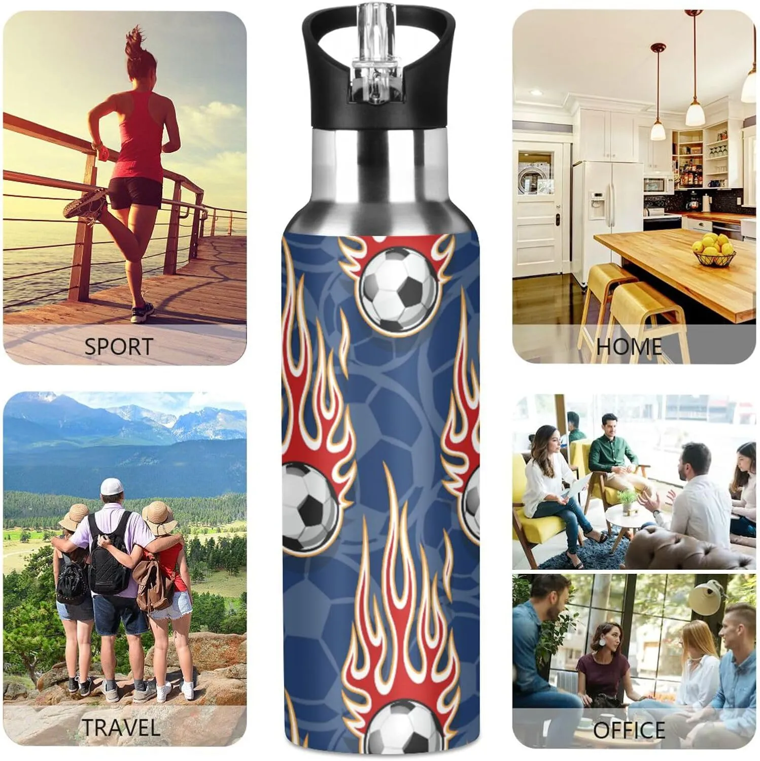 Football Soccer Balls Water Bottle with Straw Lid Double Wall Hot Flames Thermos Bottle Vacuum Insulated Flask Stainless Steel Water Bottle for Gym Outdoor 20 OZ