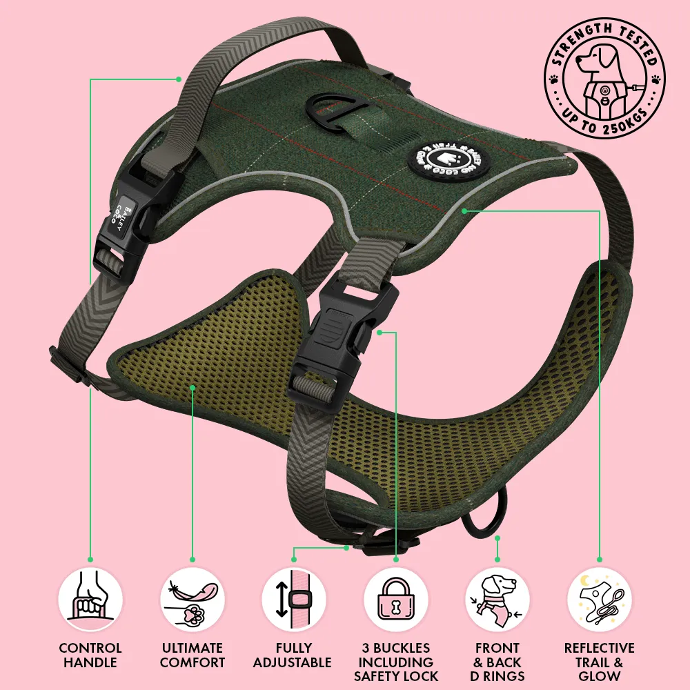 Forest Tweed Dog Harness – Stylish, Adjustable & Reflective