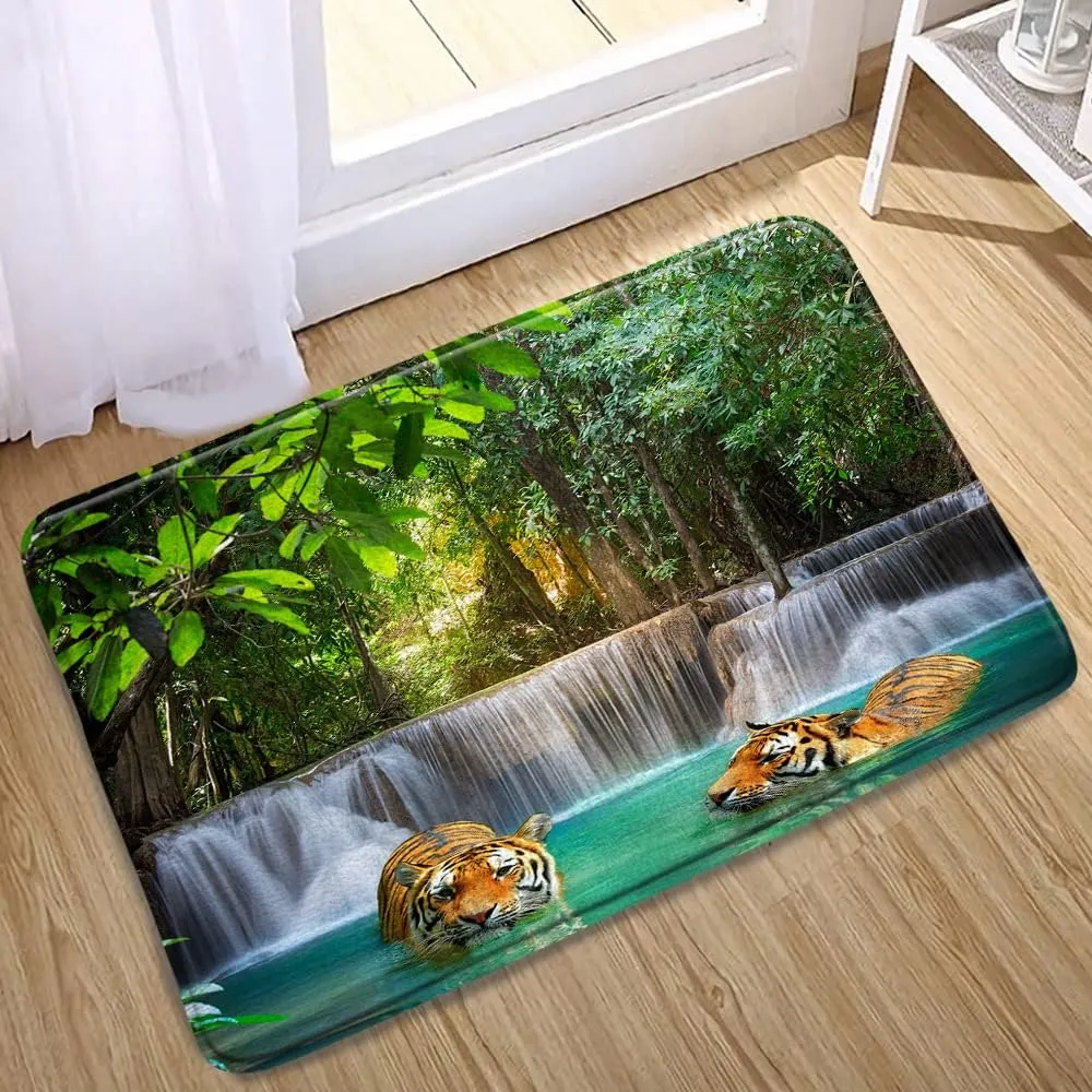Forest Waterfall Bathroom Rugs Nature Scenery Tree Jungle Rainforest Tiger Wildlife Animal Bath Mat Microfiber Memory Foam Non Slip Backing Bedroom Kitchen Doormat 24x47 Inch