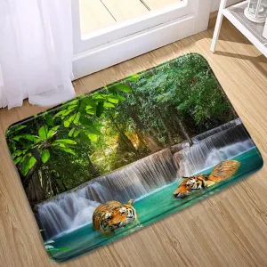 Forest Waterfall Bathroom Rugs Nature Scenery Tree Jungle Rainforest Tiger Wildlife Animal Bath Mat Microfiber Memory Foam Non Slip Backing Bedroom Kitchen Doormat 24x47 Inch