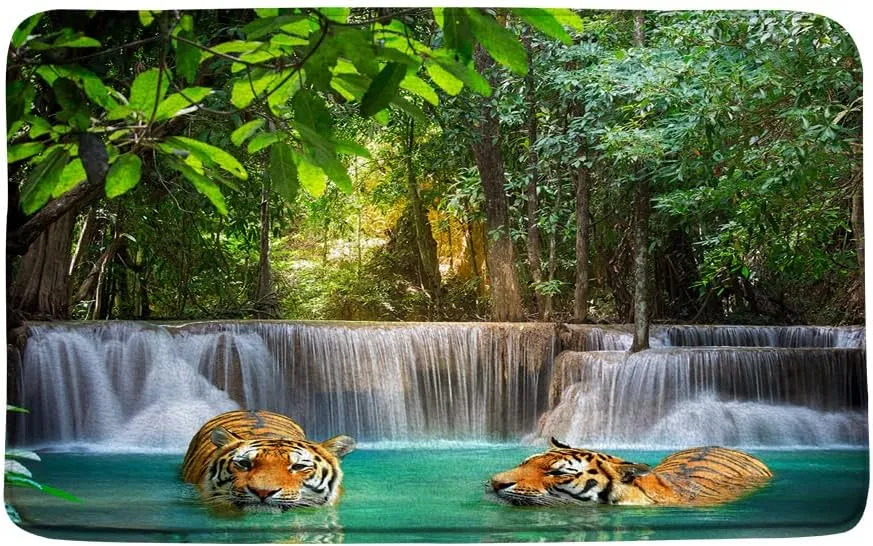 Forest Waterfall Bathroom Rugs Nature Scenery Tree Jungle Rainforest Tiger Wildlife Animal Bath Mat Microfiber Memory Foam Non Slip Backing Bedroom Kitchen Doormat 24x47 Inch