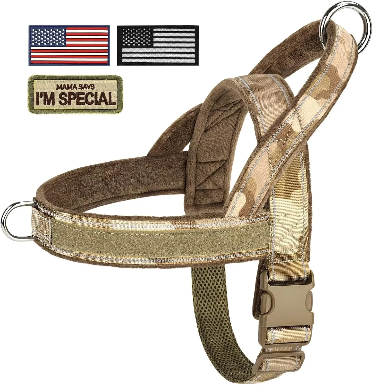 Forestpaw No Pull Dog Harness - Soft Flannel Padded Tactical Dog Vest Harness with Quick Release Buckle, Adjustable Reflective Pet Harness for Small Medium Dogs Walking Training,Brown Camouflage S