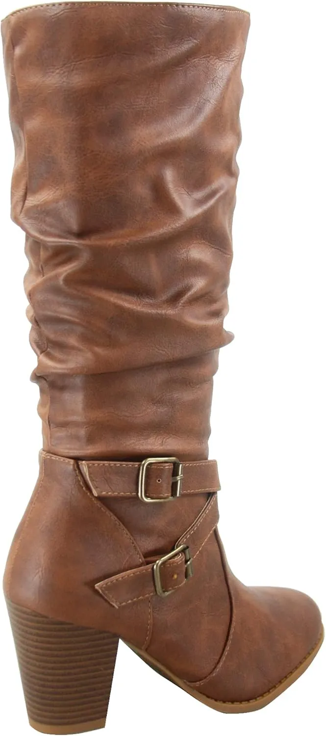 Forever Link FZ-Safety-52 Women's Round Toe Chunky Heel Full Zipper Buckles Mid Calf Boots Shoes