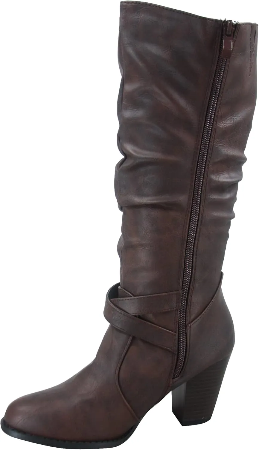Forever Link FZ-Safety-52 Women's Round Toe Chunky Heel Full Zipper Buckles Mid Calf Boots Shoes