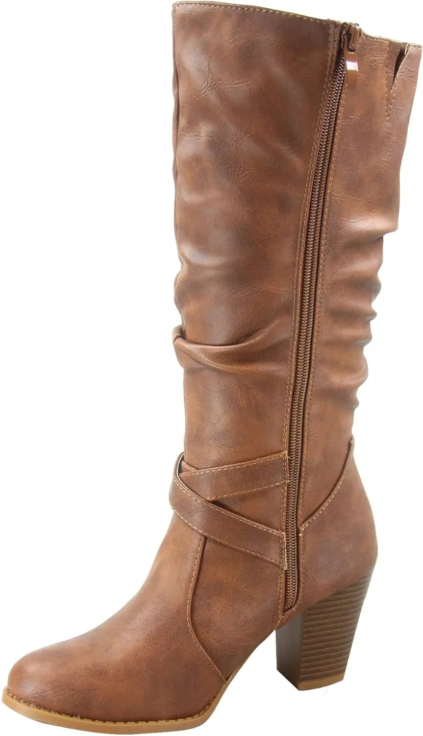 Forever Link FZ-Safety-52 Women's Round Toe Chunky Heel Full Zipper Buckles Mid Calf Boots Shoes