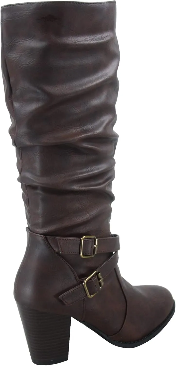 Forever Link FZ-Safety-52 Women's Round Toe Chunky Heel Full Zipper Buckles Mid Calf Boots Shoes