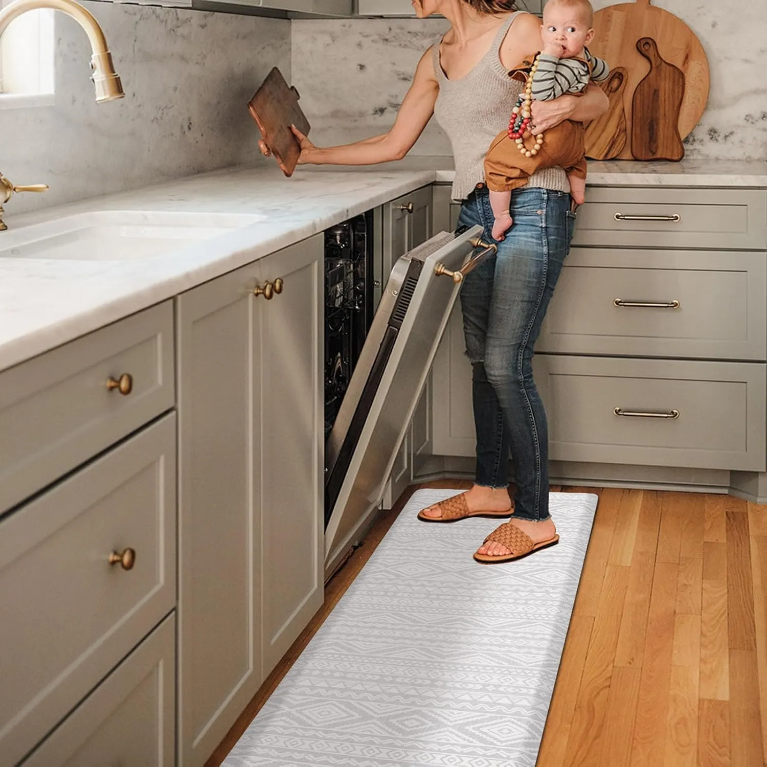 FRESHMINT Boho Kitchen Mat 0.47" Thick Anti-Fatigue Cushioned Kitchen Mats 17.3"x60" for Floor, Long Waterproof Non Slip Comfort Standing Mat Kitchen Rug for Kitchen Decor Sink Office, Light Gray