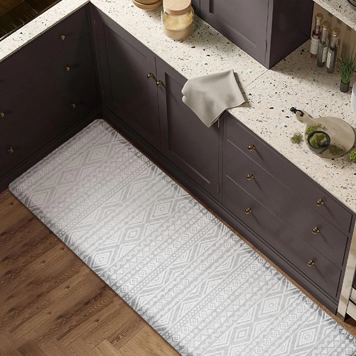 FRESHMINT Boho Kitchen Mat 0.47" Thick Anti-Fatigue Cushioned Kitchen Mats 17.3"x60" for Floor, Long Waterproof Non Slip Comfort Standing Mat Kitchen Rug for Kitchen Decor Sink Office, Light Gray