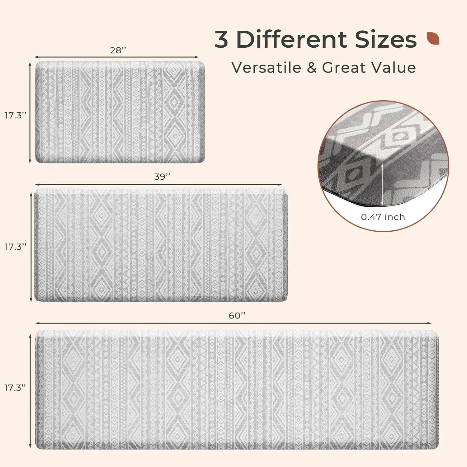 FRESHMINT Boho Kitchen Mat 0.47" Thick Anti-Fatigue Cushioned Kitchen Mats 17.3"x60" for Floor, Long Waterproof Non Slip Comfort Standing Mat Kitchen Rug for Kitchen Decor Sink Office, Light Gray
