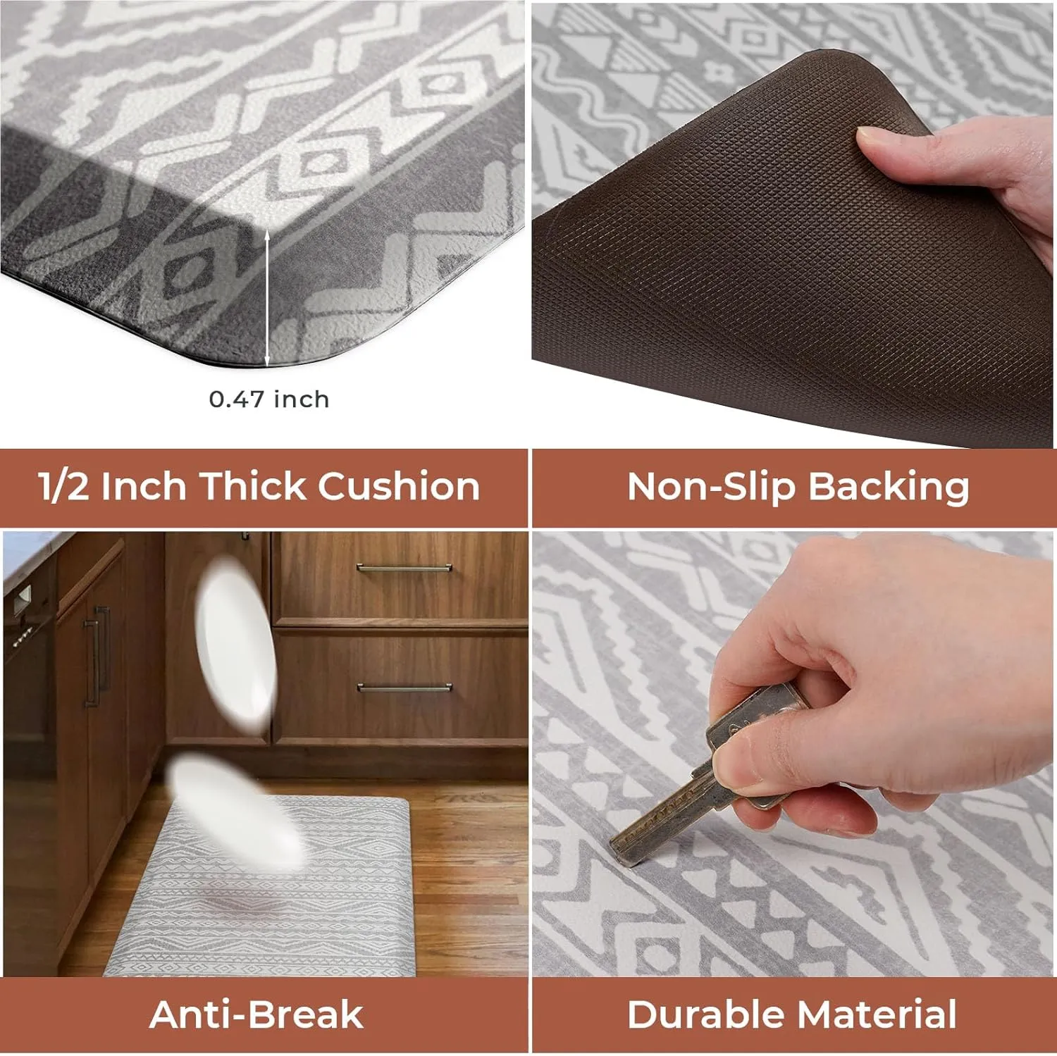 FRESHMINT Boho Kitchen Mat 0.47" Thick Anti-Fatigue Cushioned Kitchen Mats 17.3"x60" for Floor, Long Waterproof Non Slip Comfort Standing Mat Kitchen Rug for Kitchen Decor Sink Office, Light Gray