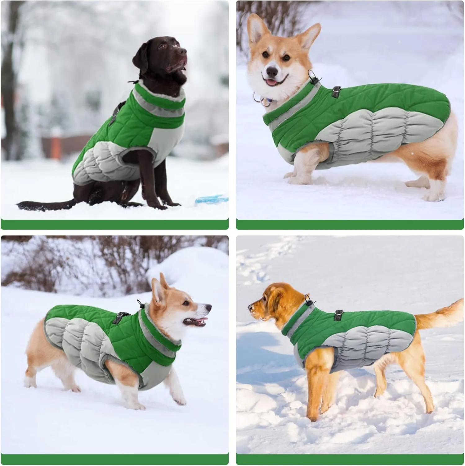 FUAMEY Dog Coat - Warm Winter Jacket with Padded Fleece, Reflective, Waterproof & Windproof, Built-in Harness, Green, X-Small
