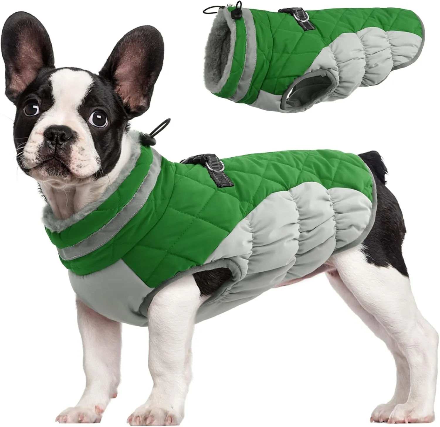 FUAMEY Dog Coat - Warm Winter Jacket with Padded Fleece, Reflective, Waterproof & Windproof, Built-in Harness, Green, X-Small