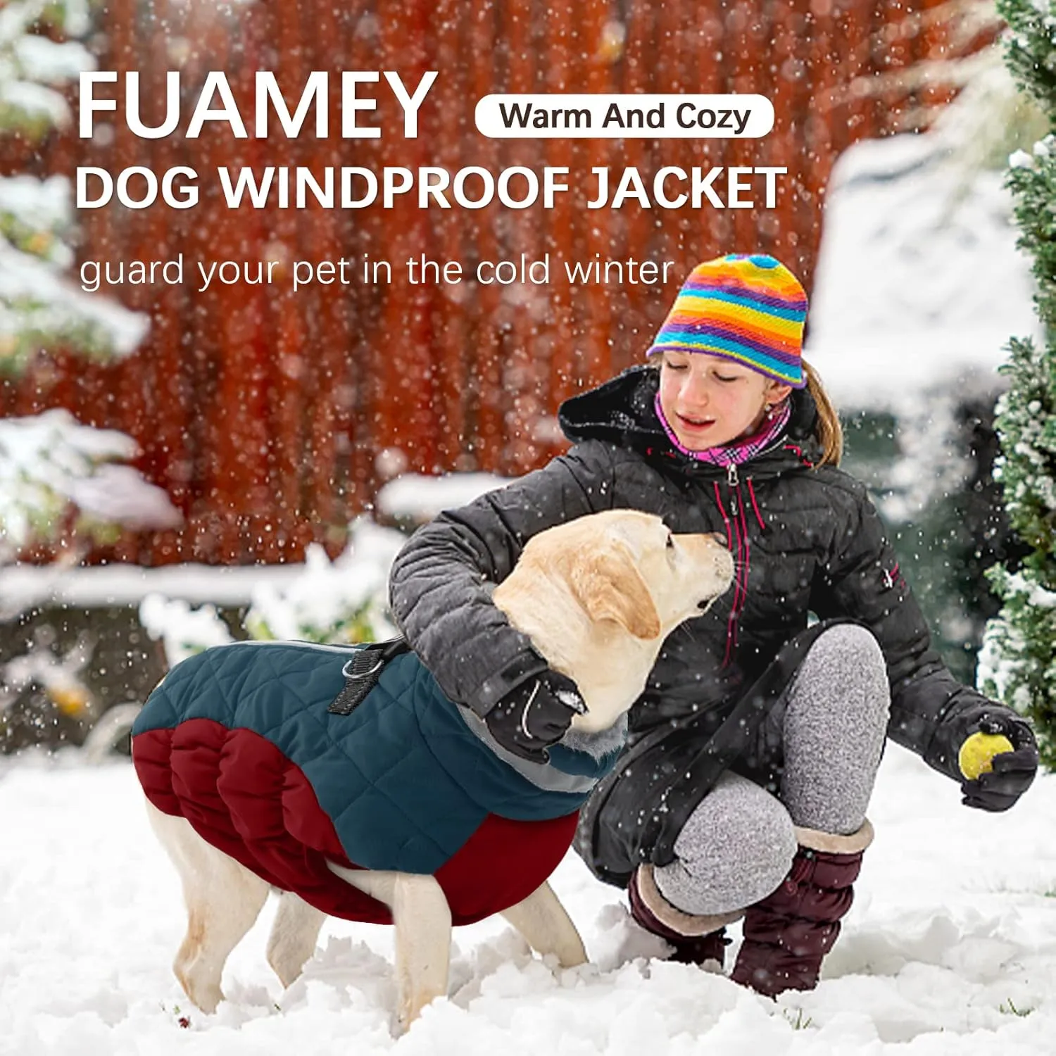 FUAMEY Dog Winter Jacket, Cold Weather Coat with Padded Dog Vest and Harness, Water Resistant Pet Apparel with Back Zipper, Dark Blue, XXXL