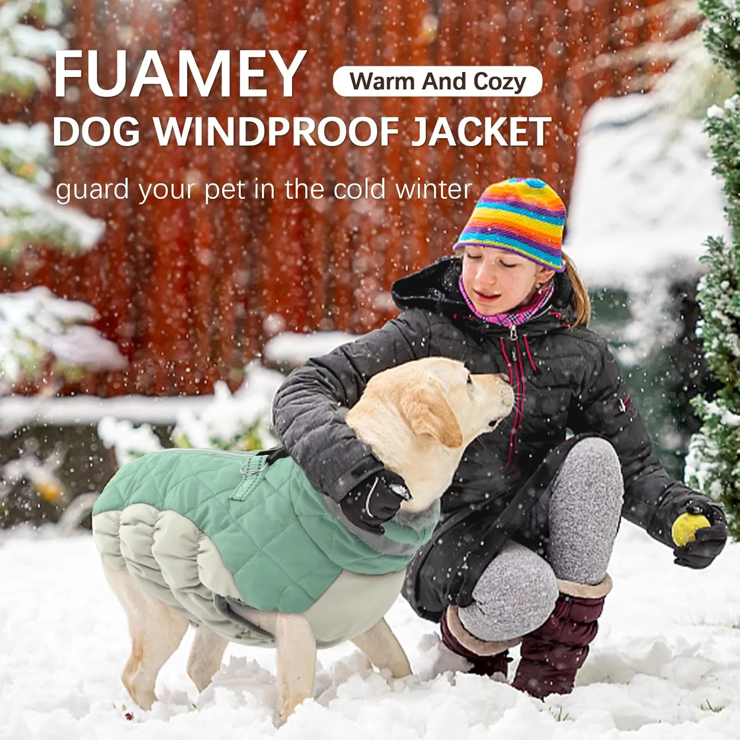 FUAMEY Dog Winter Jacket, Padded Dog Vest with Harness, Water Resistant Coat for Small to Large Dogs, Mint Green XL